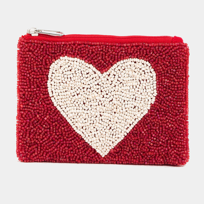 White Heart Beaded Coin Purse