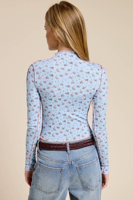 Mock Neck Floral Ribbed Long Sleeve Top