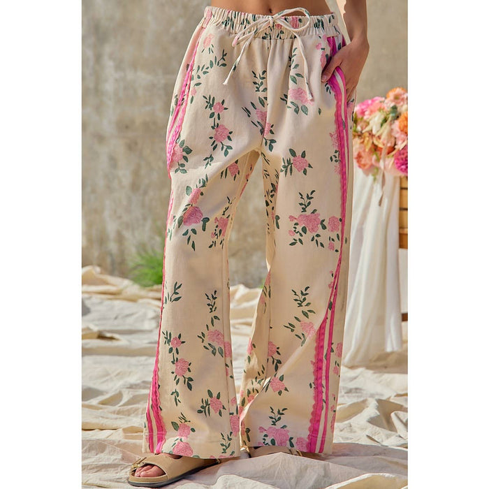 Flower Printed Pants with Side Trim