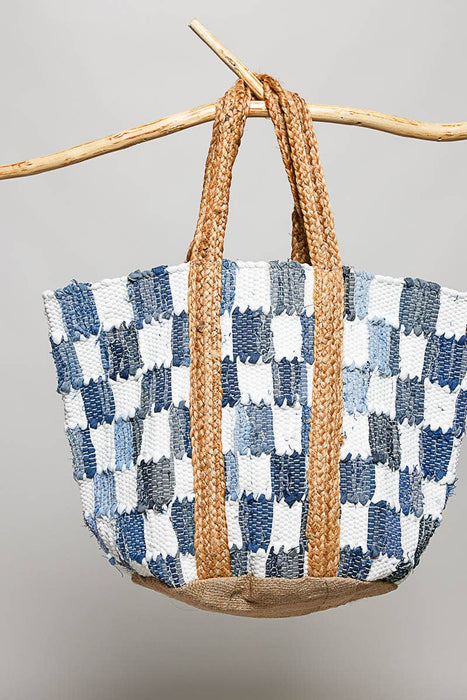 Ivory Denim Checker Woven Tote Bag