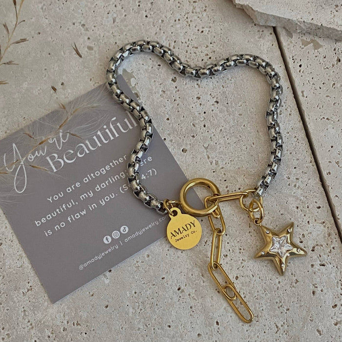 Star charm two tone silver and gold ombré pendant bracelet - 18k Gold