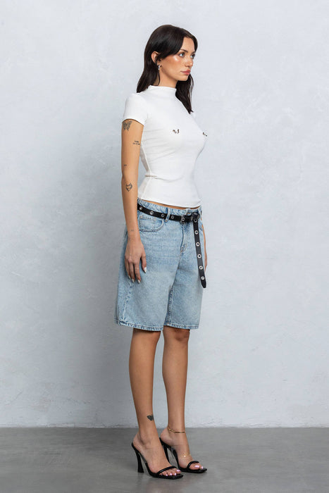 Ribbed mock neck piercing top