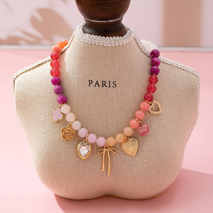 Beaded Bow Heart Flower Charm Necklace