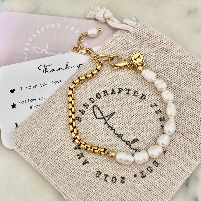 Pearl and Gold Plated Box Chain Bracelet