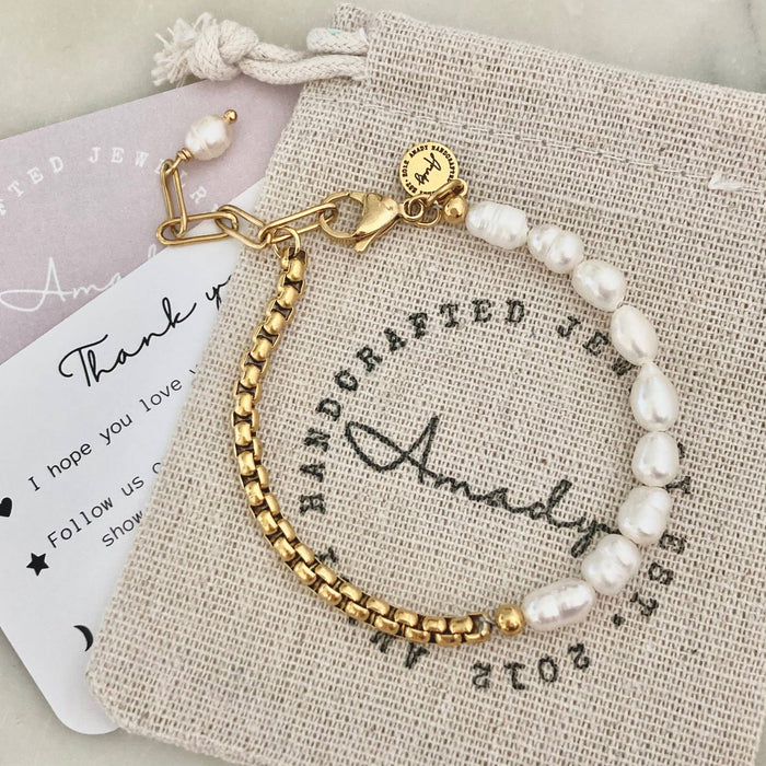 Pearl and Gold Plated Box Chain Bracelet