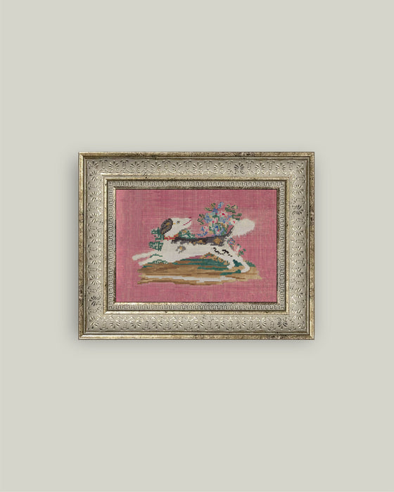 Embroidered Pup Framed Antique Art