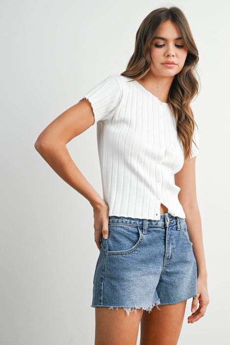 Ribbed Short Sleeve Buttoned Top