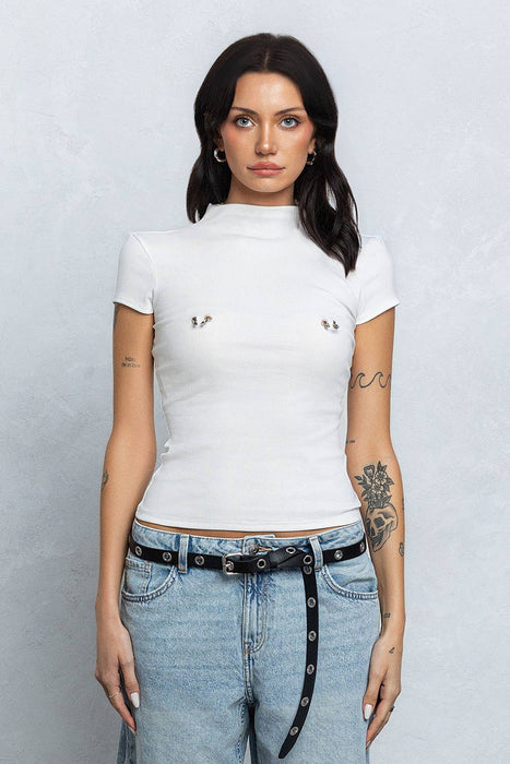Ribbed mock neck piercing top