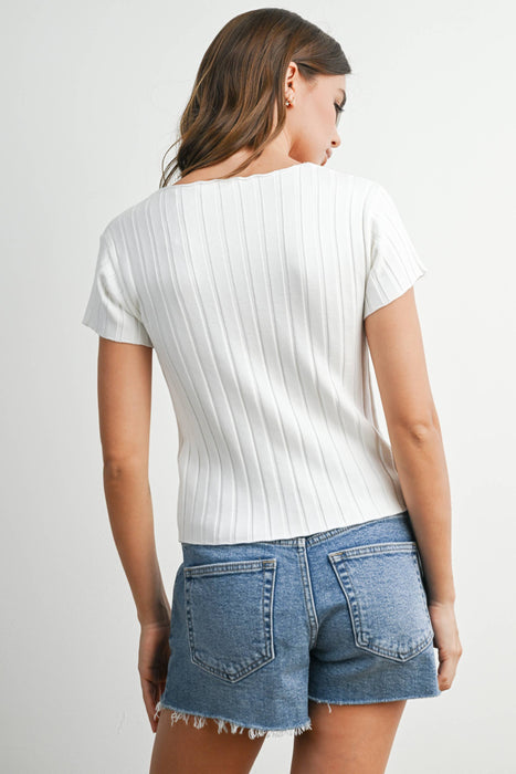 Ribbed Short Sleeve Buttoned Top