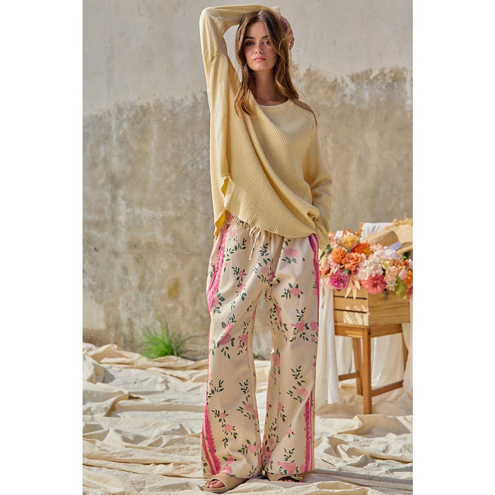 Flower Printed Pants with Side Trim