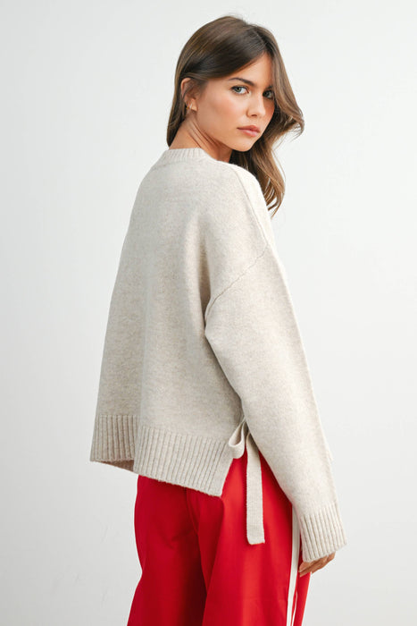 Tie Split-Hem Crewneck Sweater