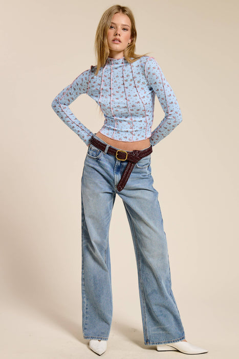 Mock Neck Floral Ribbed Long Sleeve Top