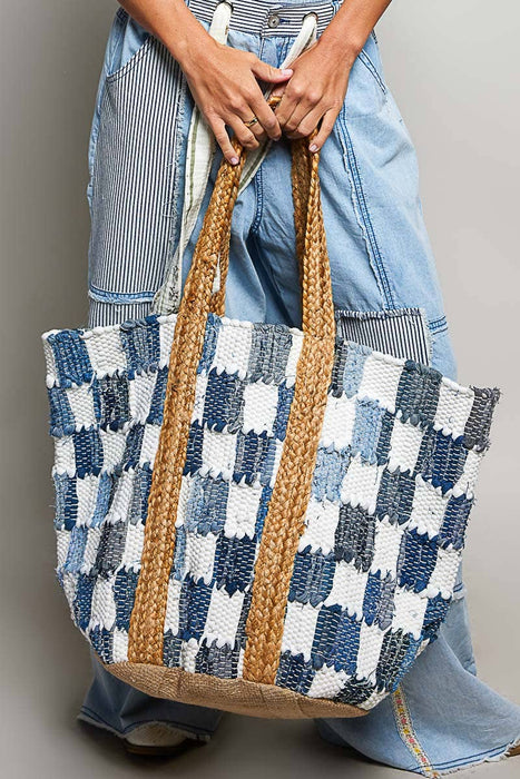 Ivory Denim Checker Woven Tote Bag