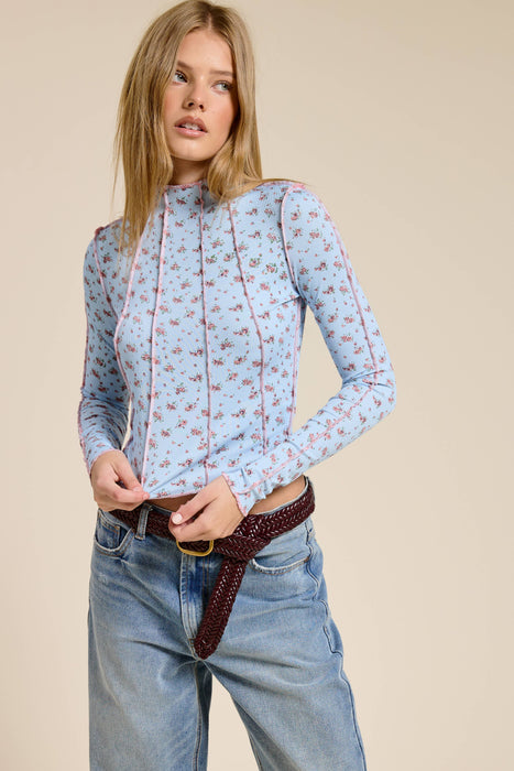 Mock Neck Floral Ribbed Long Sleeve Top
