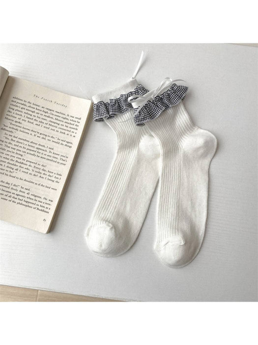 Gingham Ruffle Crew Socks: White