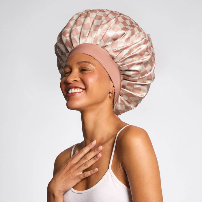 Kitsch Satin Bonnet - Terracotta Checker