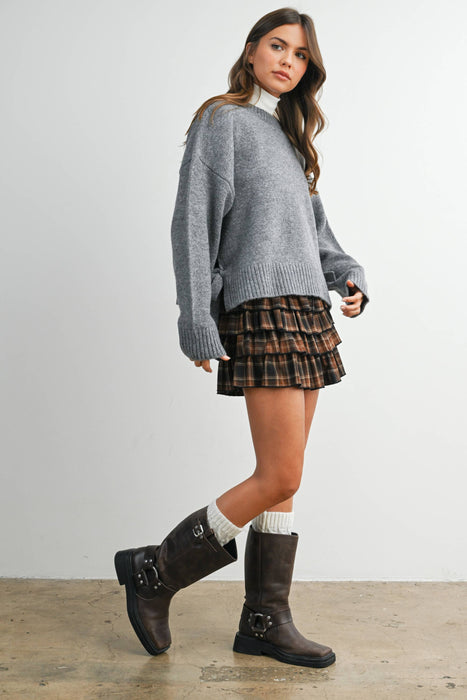Tie Split-Hem Crewneck Sweater