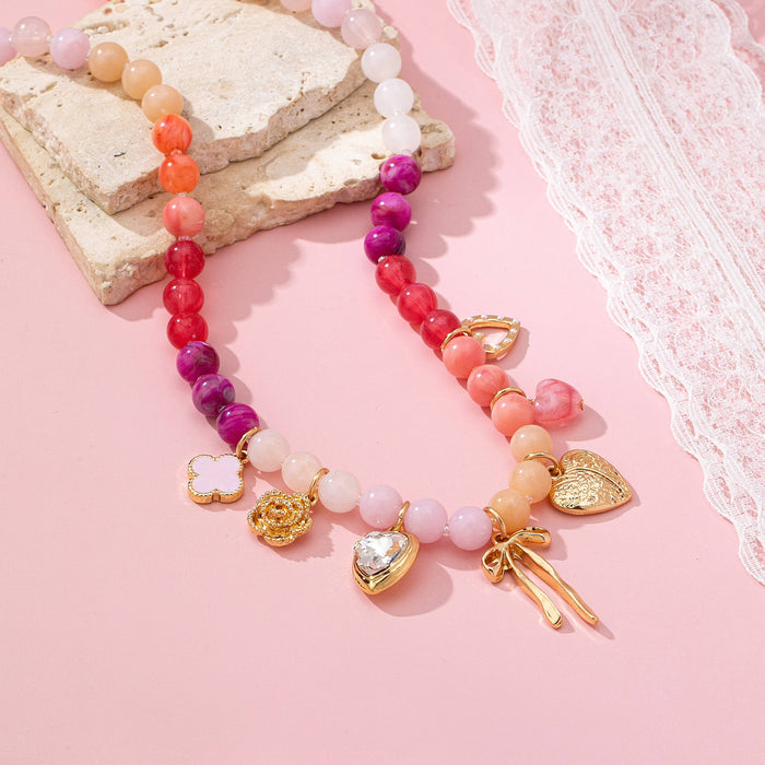 Beaded Bow Heart Flower Charm Necklace
