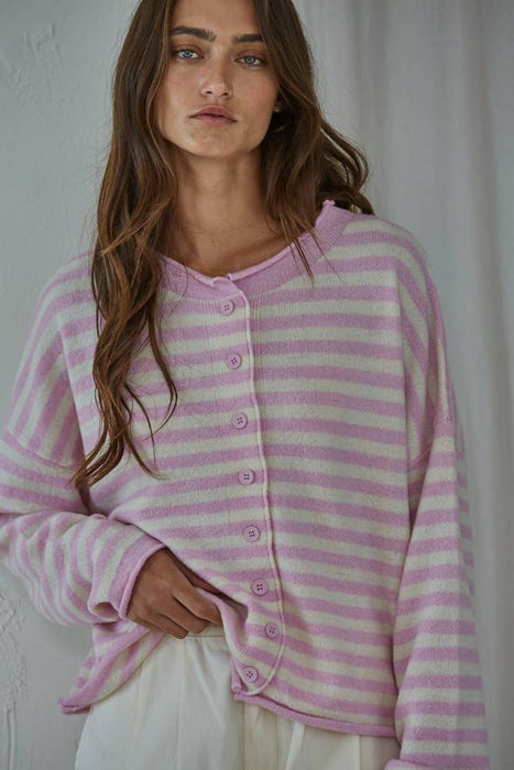 Button Up Striped Sweater Cardigan